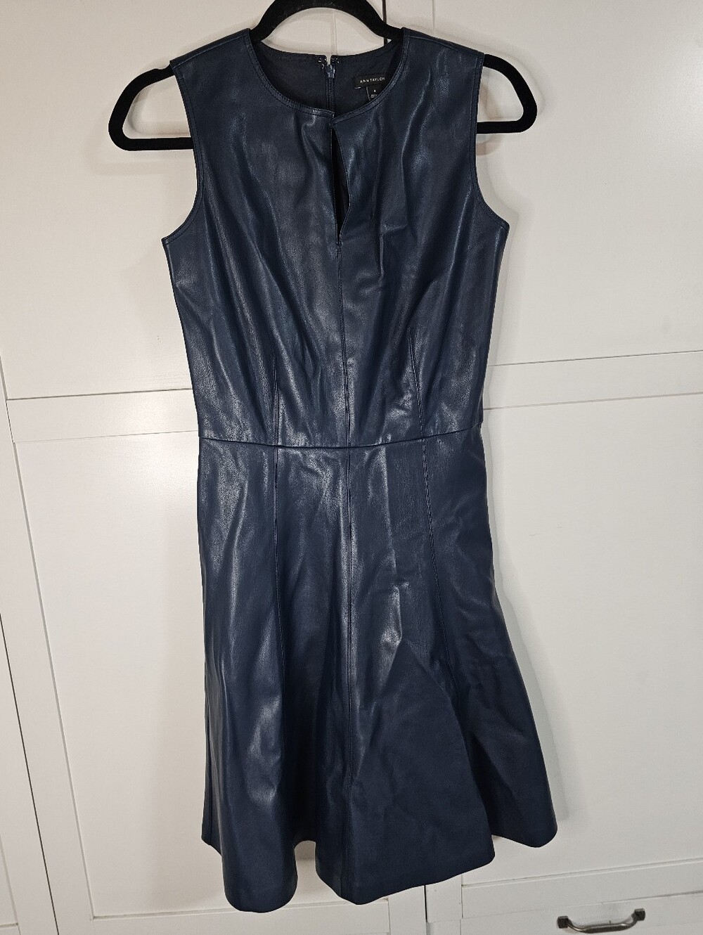 Ann Taylor Women 0 NWT Navy Blue Faux Leather Fit Flare Dress Sleeveless